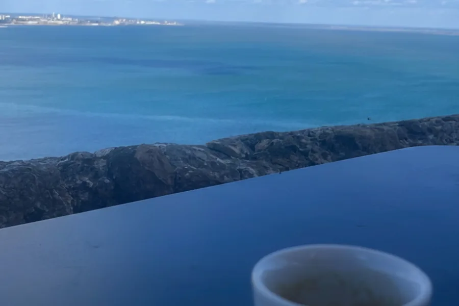 Coffee overlooking the Arrábida coastline during a wine tour in Portugal's Setúbal Peninsula.