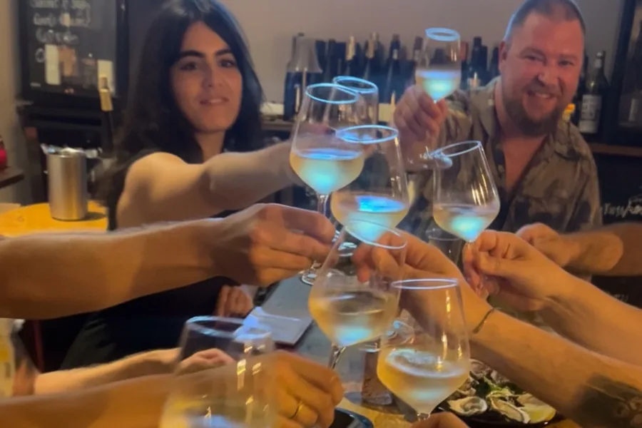 Guests toasting glasses of Portuguese wine during a guided wine bar tour in Lisbon.