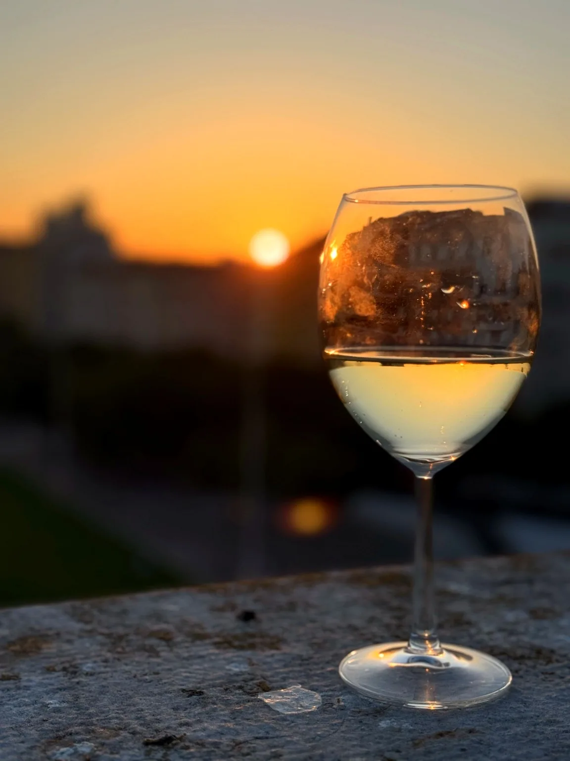 Glass of Portuguese white wine at sunset overlooking Lisbon during a wine tasting experience.