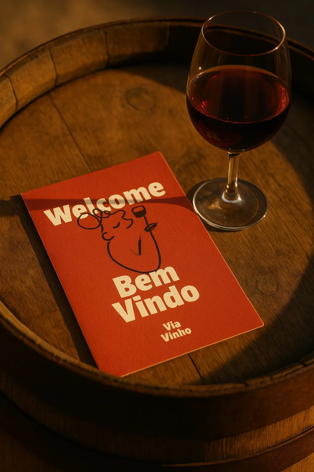 Via Vinho welcome guide and glass of Portuguese wine displayed on a winery barrel.