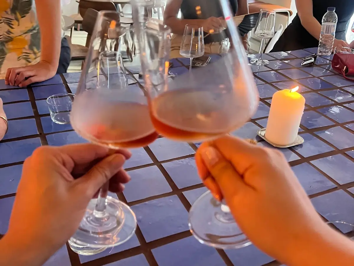 Guests toasting glasses of Portuguese wine during an evening wine tour in Lisbon