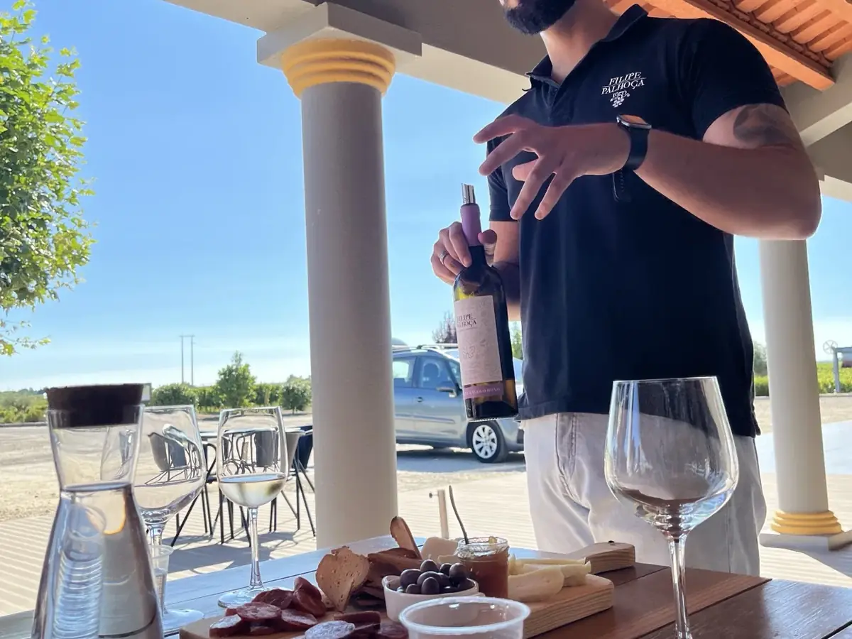Winery host presenting wines during a guided tasting experience in Setúbal, Portugal