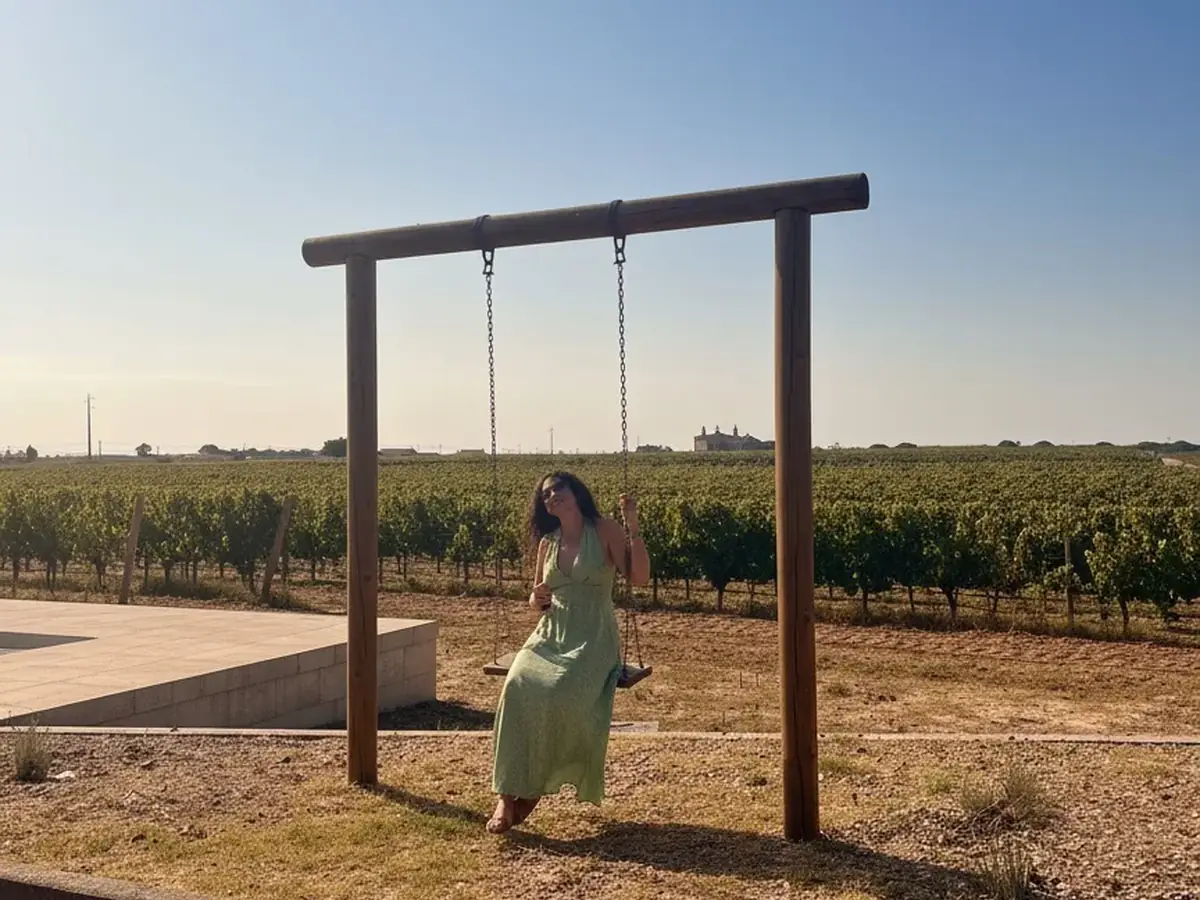 Guest relaxing on a swing among the vineyards during a wine experience in Portugal's Setúbal Peninsula